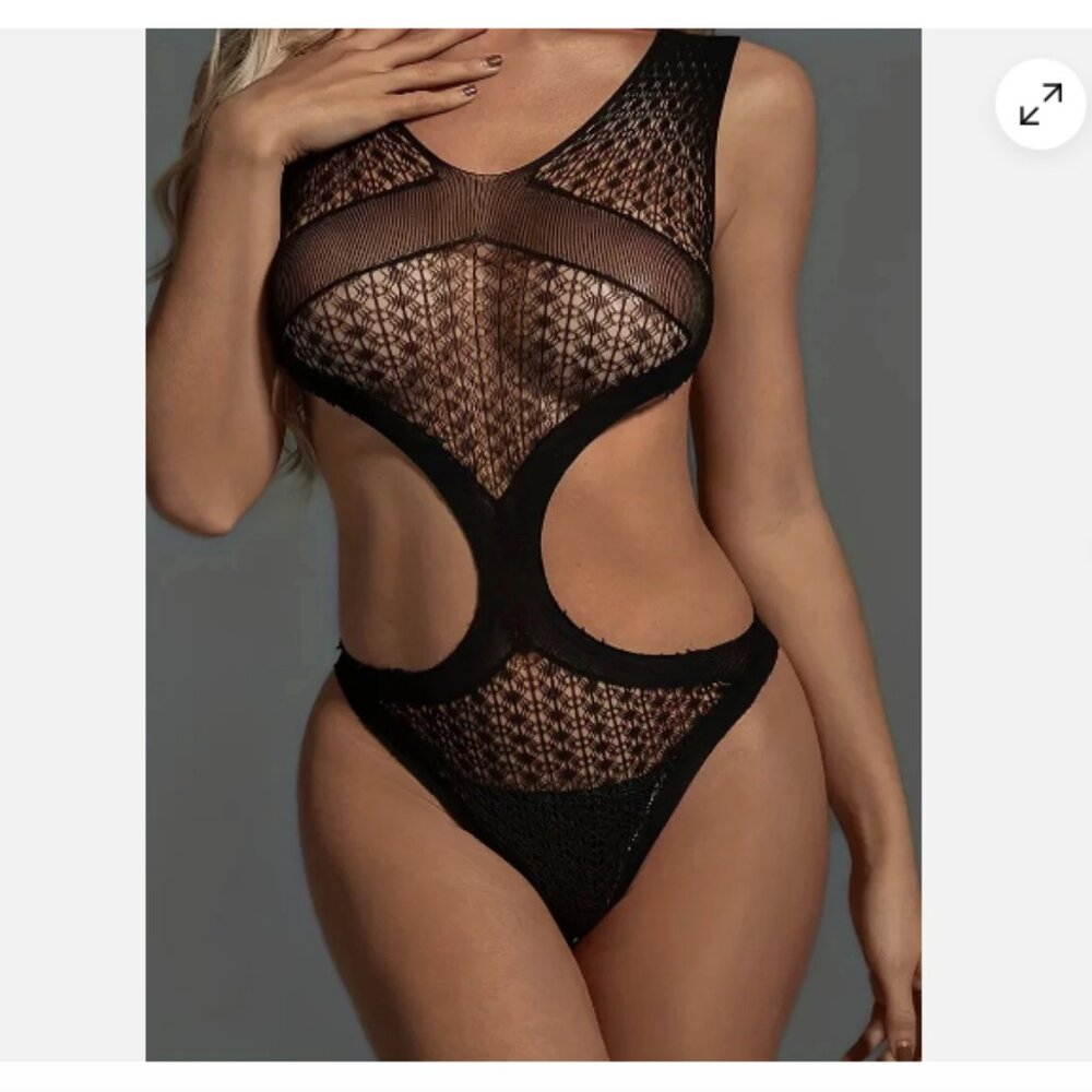 Black Side Cut-Out Fishnet Teddy Bodysuit